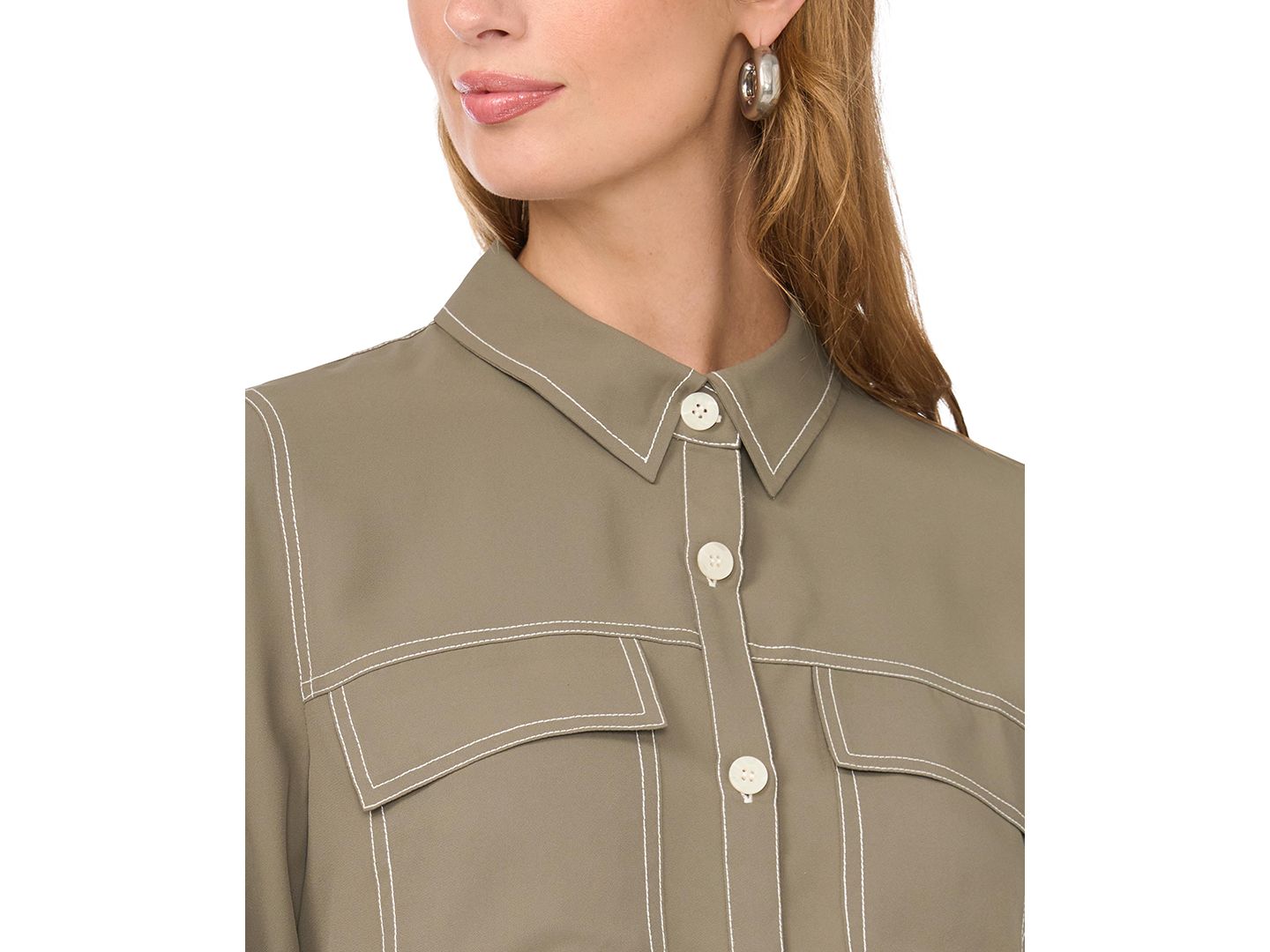 Женский топ Vince Camuto Contrast Stitch Button Front Collared Top, цвет: Изумрудный — фото 4