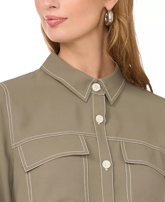 Women's Contrast Stitch Button Front Collared Top - thumbnail 4
