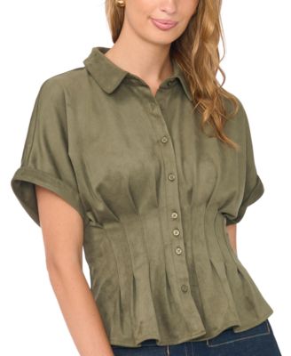 Women's Collared Short-Dolman-Sleeve Pleated-Waist Blouse