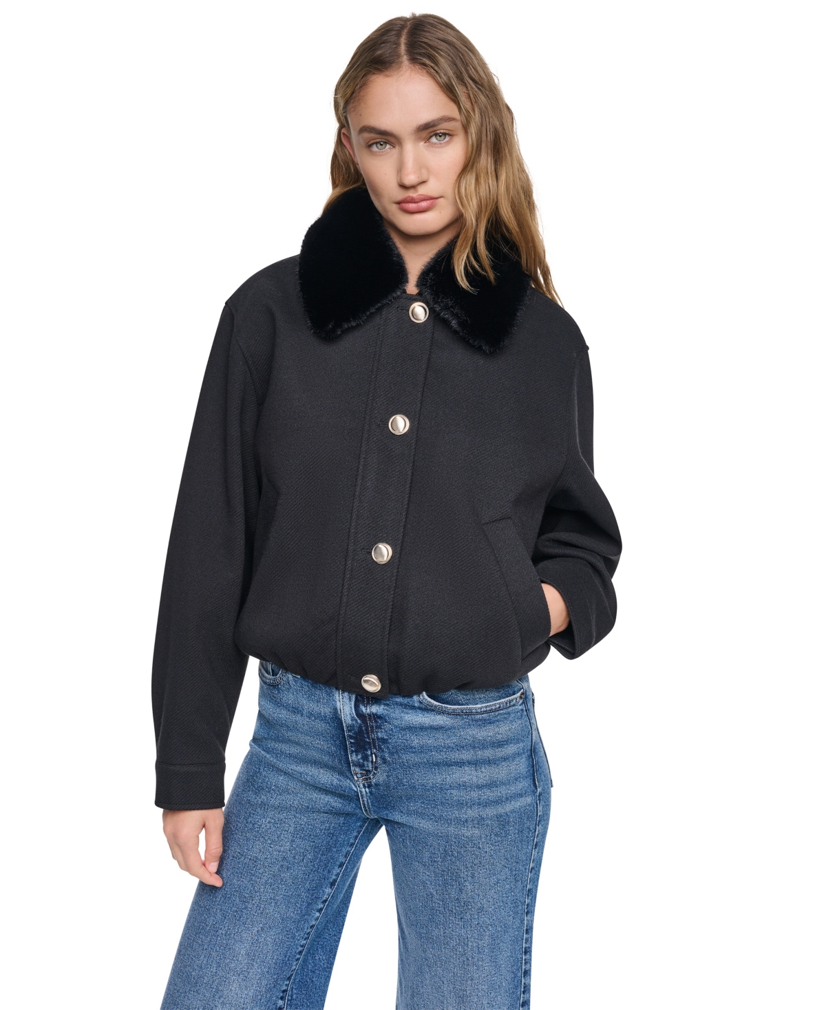 Dkny Women's Cropped Faux-Fur Collar Bomber Jacket