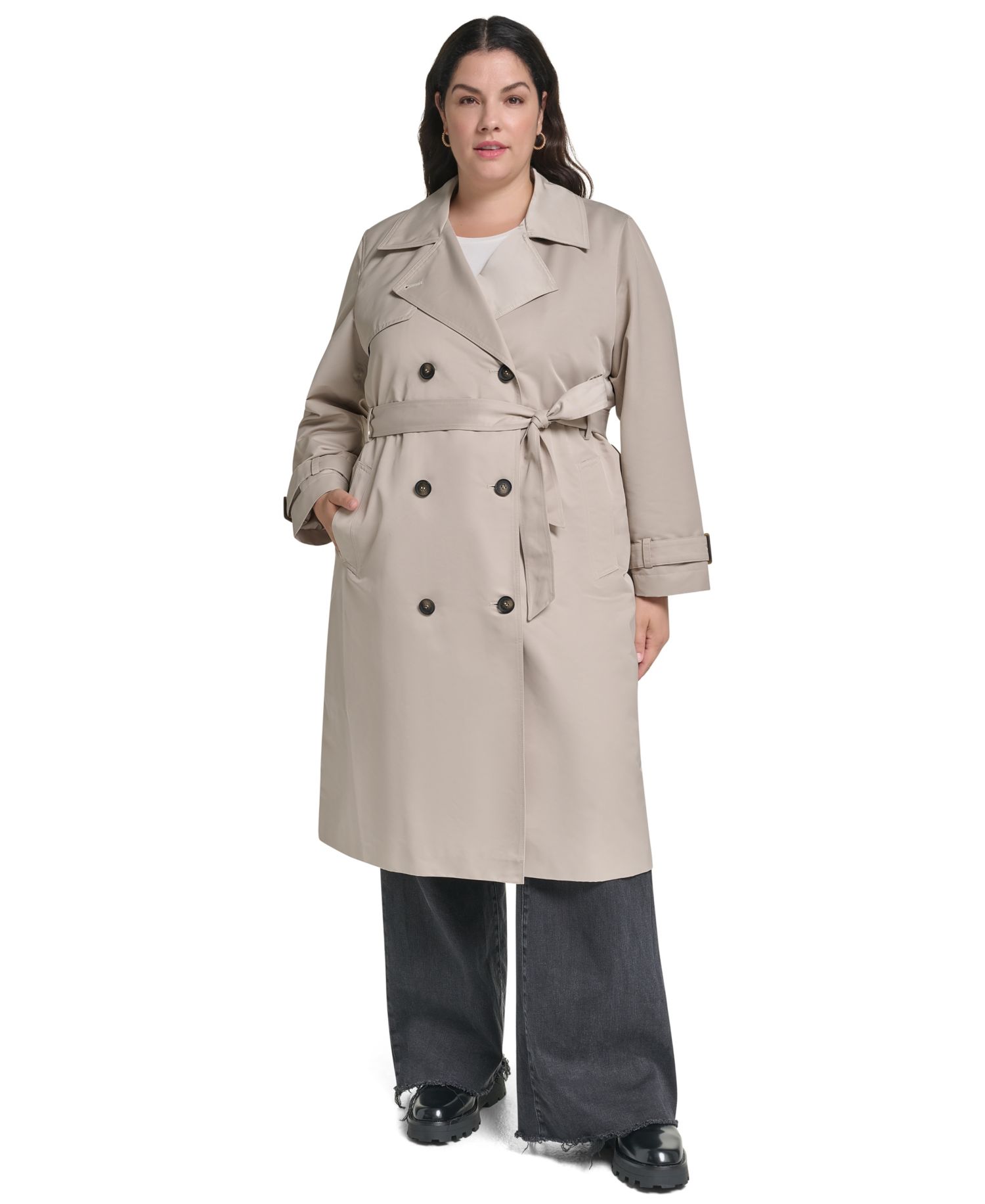 Plus Size Hooded Double-Breasted Belted Coat