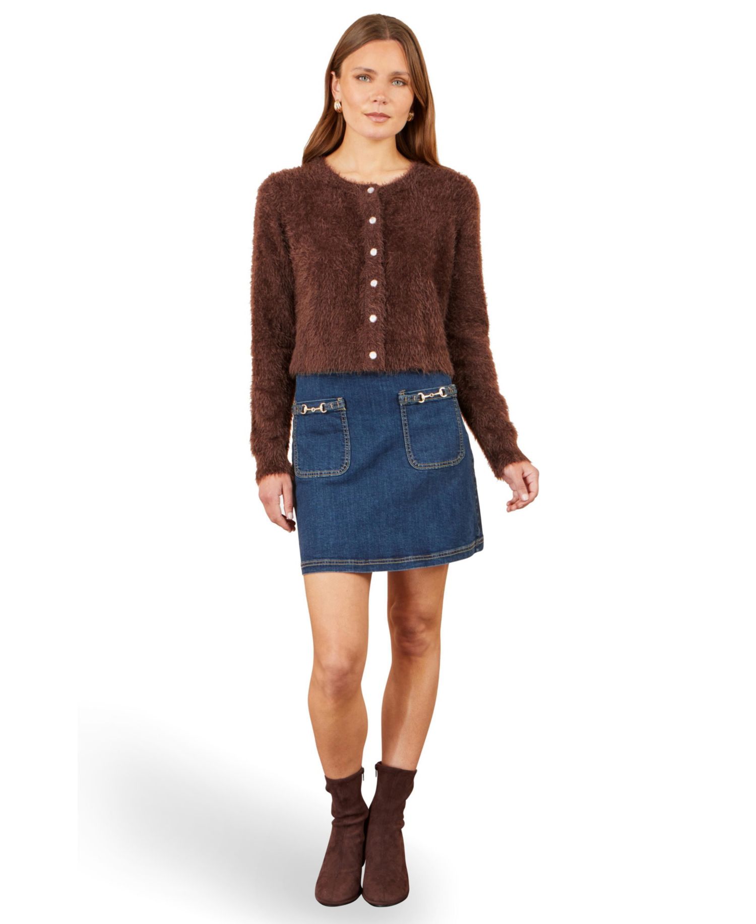 Women's Eyelash Knit Sparkle-Button Crew Neck Cardigan