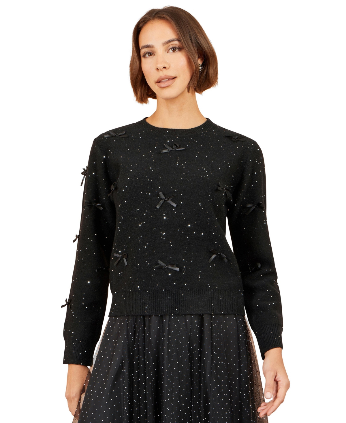 Yumi Women's Long-Sleeve Sparkle Bow Crewneck Sweater