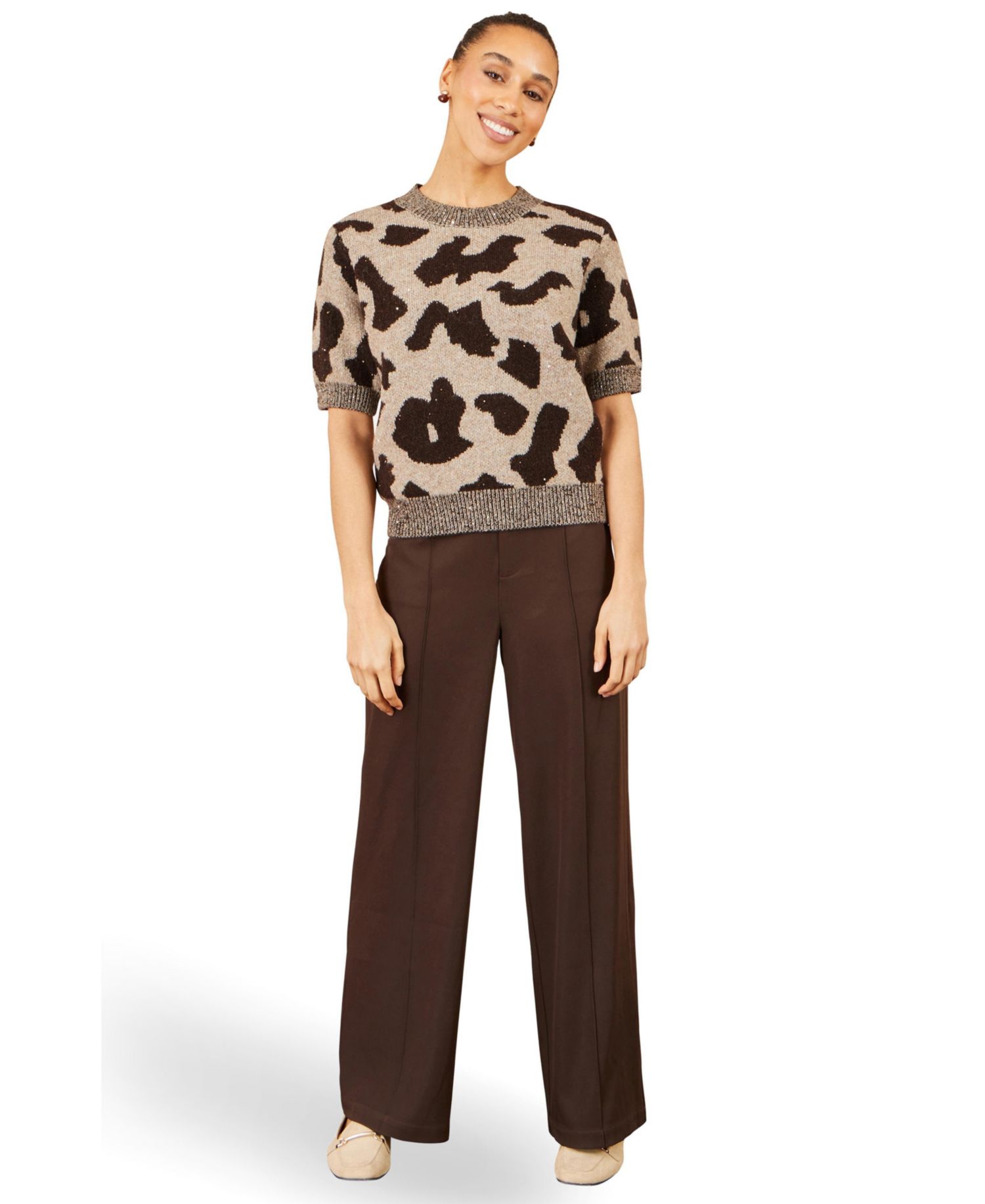 Women's Leopard Intarsia Short-Sleeve Sweater