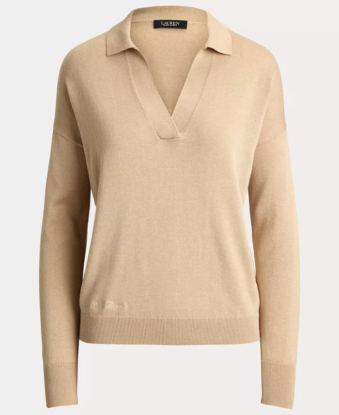 Women's Long Sleeve Polo Ribbed Sweater - thumbnail 7