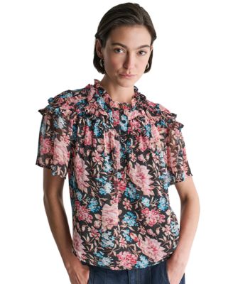 Women's Floral Sheer Ruffle-Detail Blouse