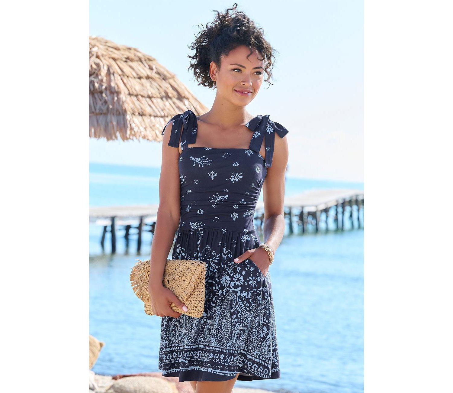 Women's Viscose Printed Tie Strap with Pockets Elastic-Waist Short Dress