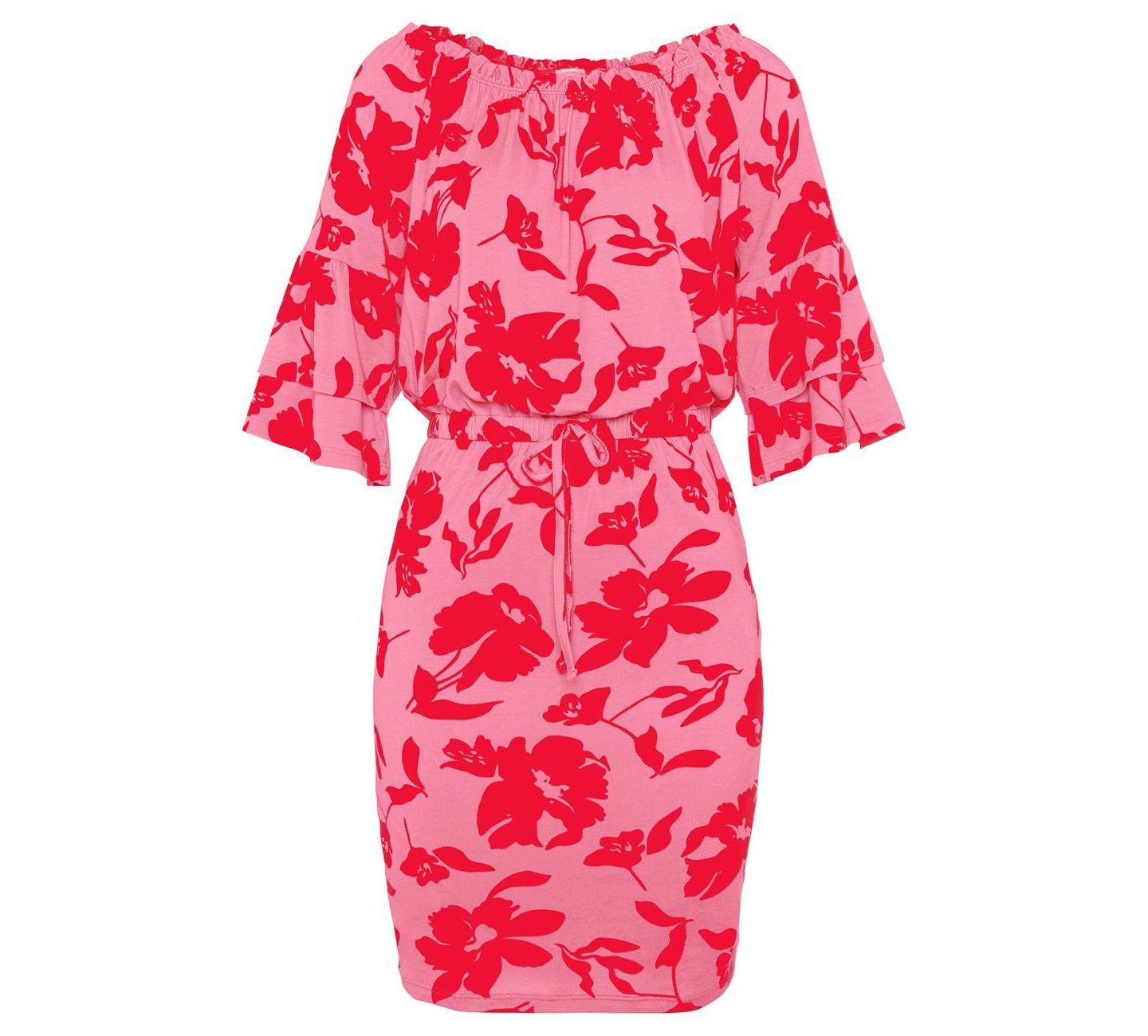 Женское платье Lascana Viscose Floral Print Off Shoulder Multiway Short, цвет: Розовый / Красный — фото 4