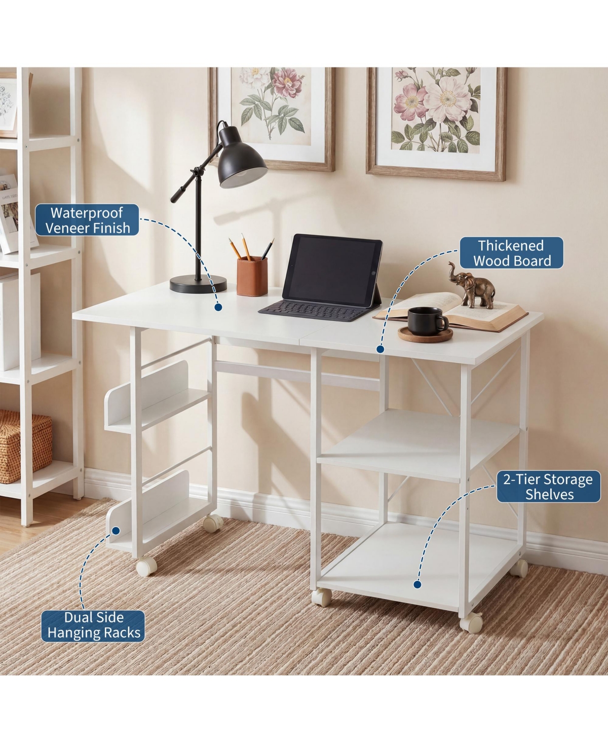 Gaomon 31.5" Rolling Folding Desk with Storage Shelf and Side Organizer, Space-Saving Computer Table