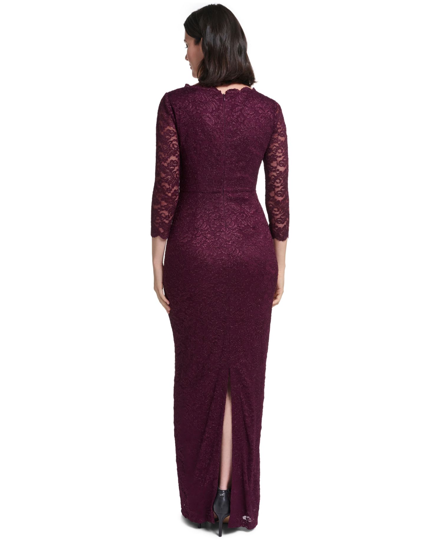 Petite 3/4-Sleeve Side-Tuck Lace Gown
