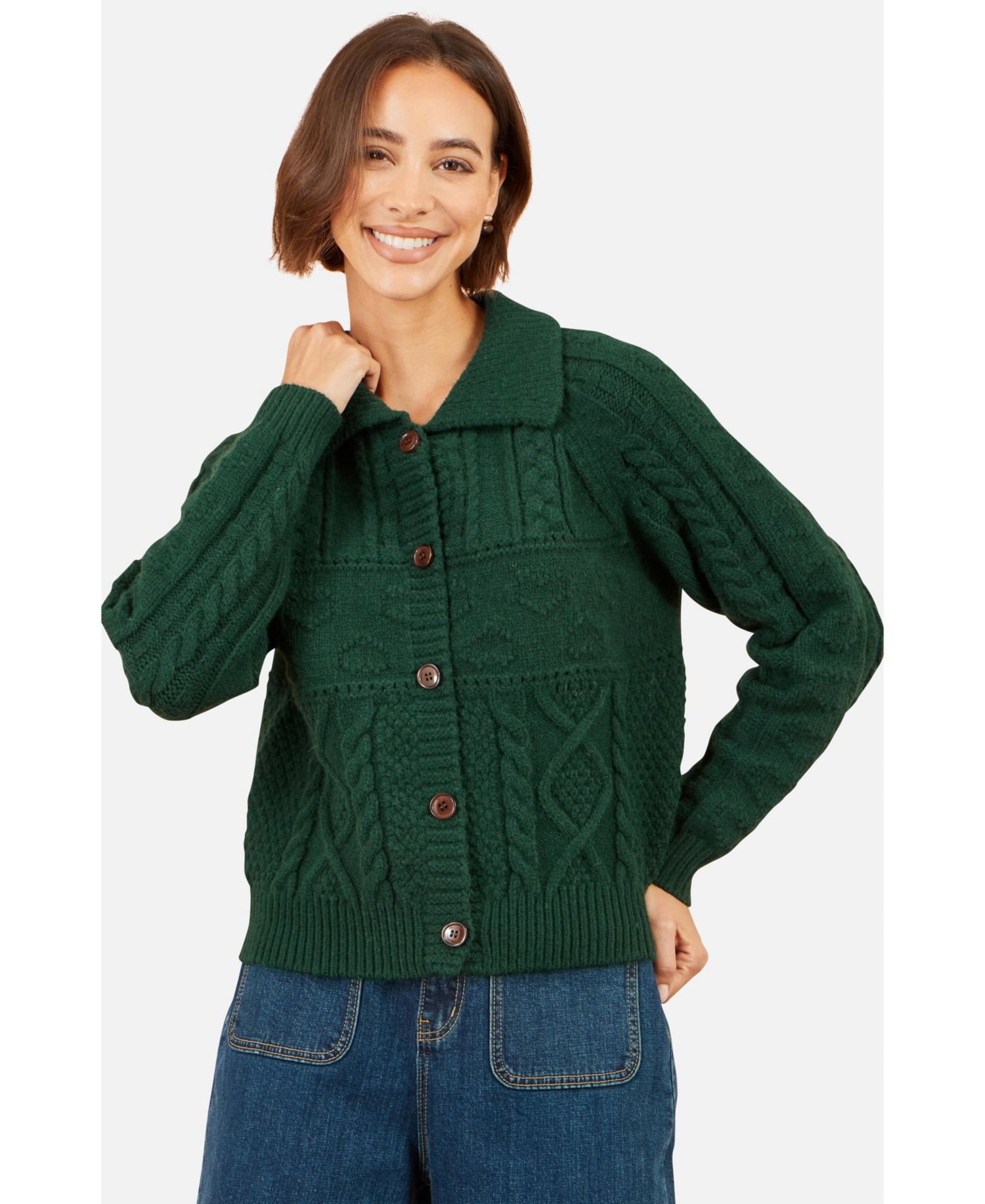 Women's Collard Cable Knit Boxy Cardigan