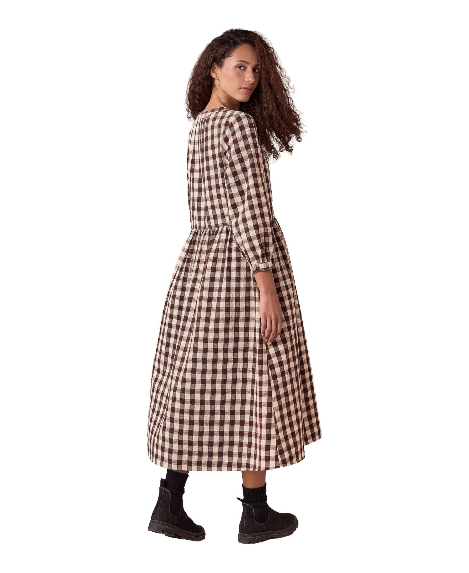 Women's Collarless Gingham Midi Dress