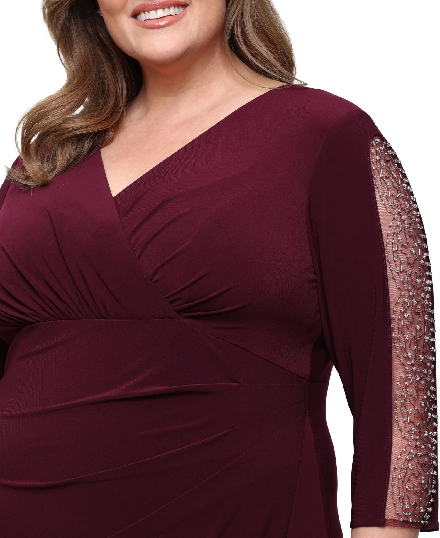 Plus Size V-Neck Long-Sleeve Embellished Gown