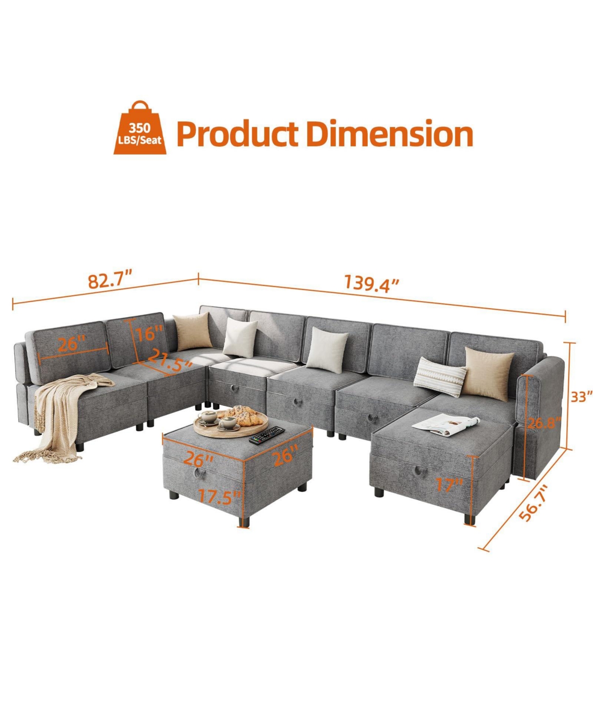 homfan 139.4 inches Chenille Reversible Sectional Sofa, 9-Seater Modular, Comfy Sleeper with Chaise, U-Shape Couch with Storage Seats and Ottomans