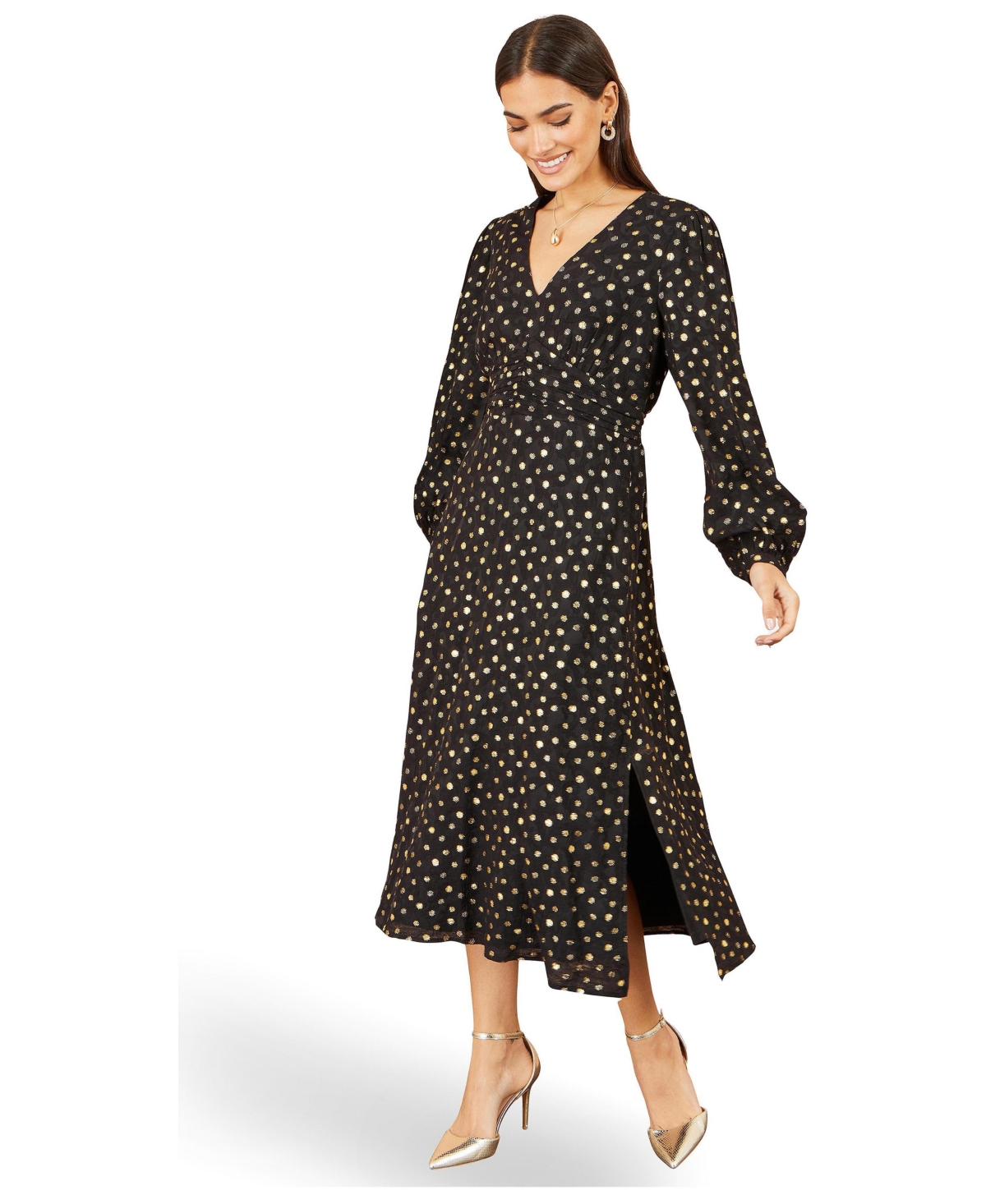 Yumi Women's Long Sleeve Foil Print Midi Dress