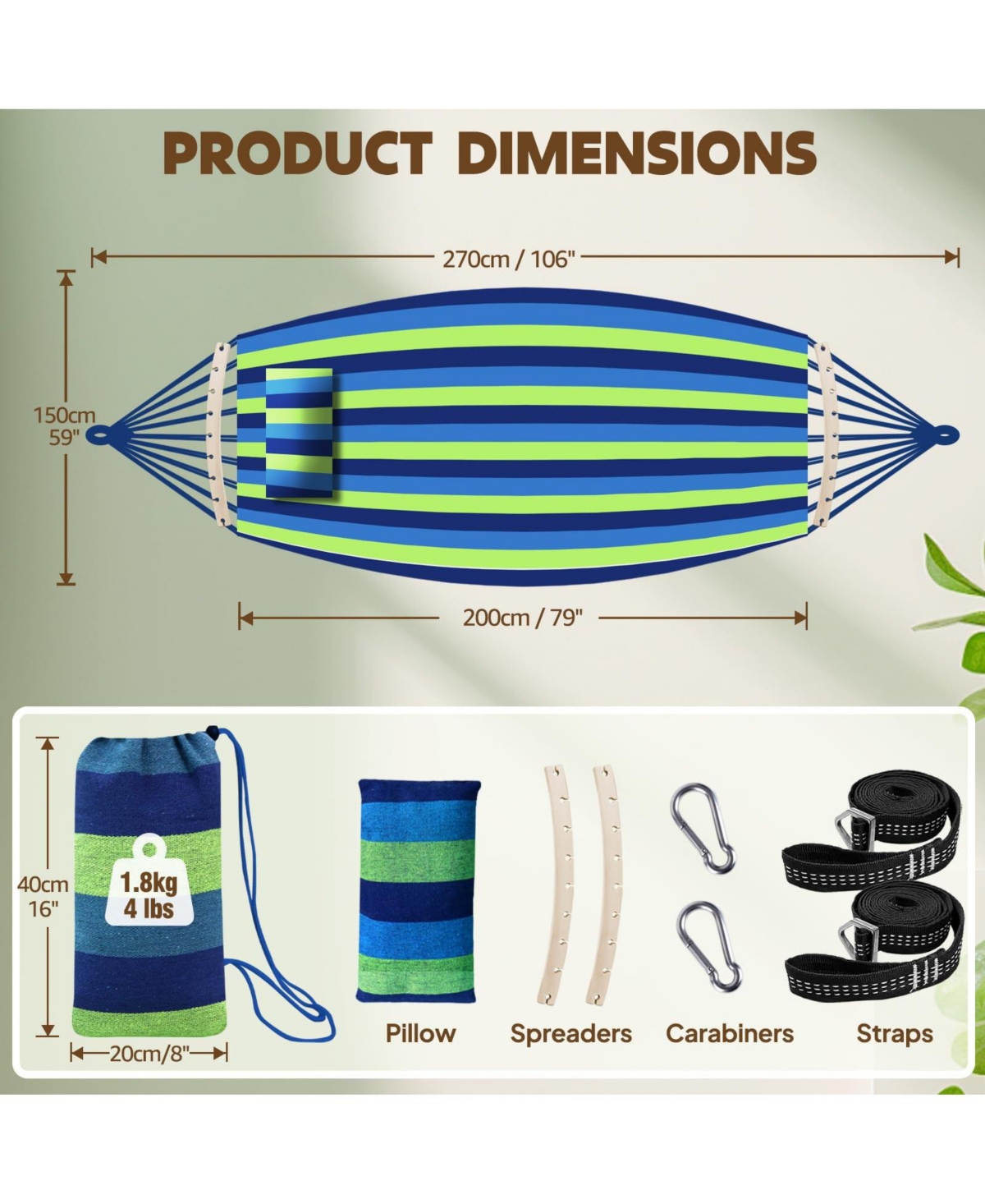 Piscifun Portable Cotton Camping Hammock with Detachable Spreader Bar Adjustable Straps Carabiners For Indoor Outdoor Yard Garden