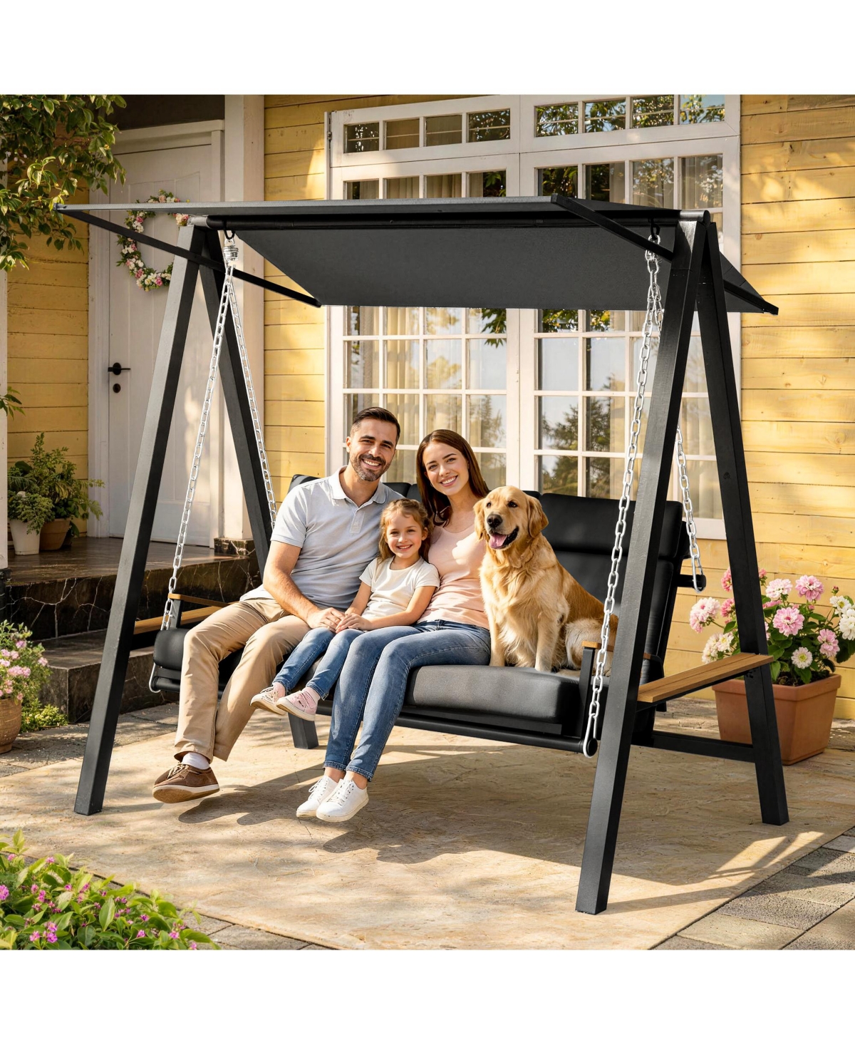 Pamapic 3 Person Porch Swing with Thick Cushions, Adaptive Pillow and Adjustable Canopy