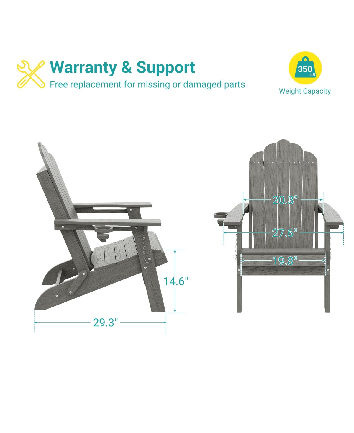 Sonkuki Folding Adirondack Chair with Retractable Cup Holder, Hdpe Fire Pit Patio Seating, Heavy Duty Outdoor Lawn Furniture