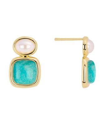 Gold-Plated Lapis Imitation Pearl Stud Drop Earrings