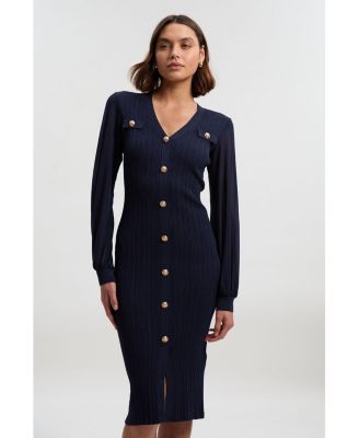 Women's V-Neck Long-Sleeve Rib-Knit Dress