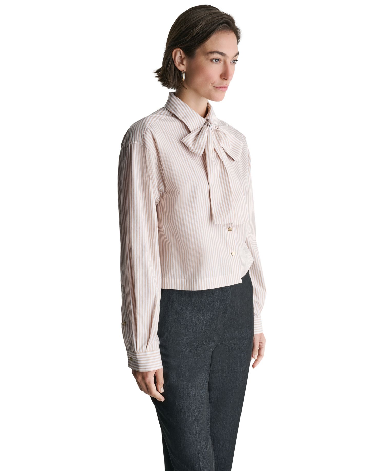 Women's Long-Sleeve Striped Tie Neck Blouse