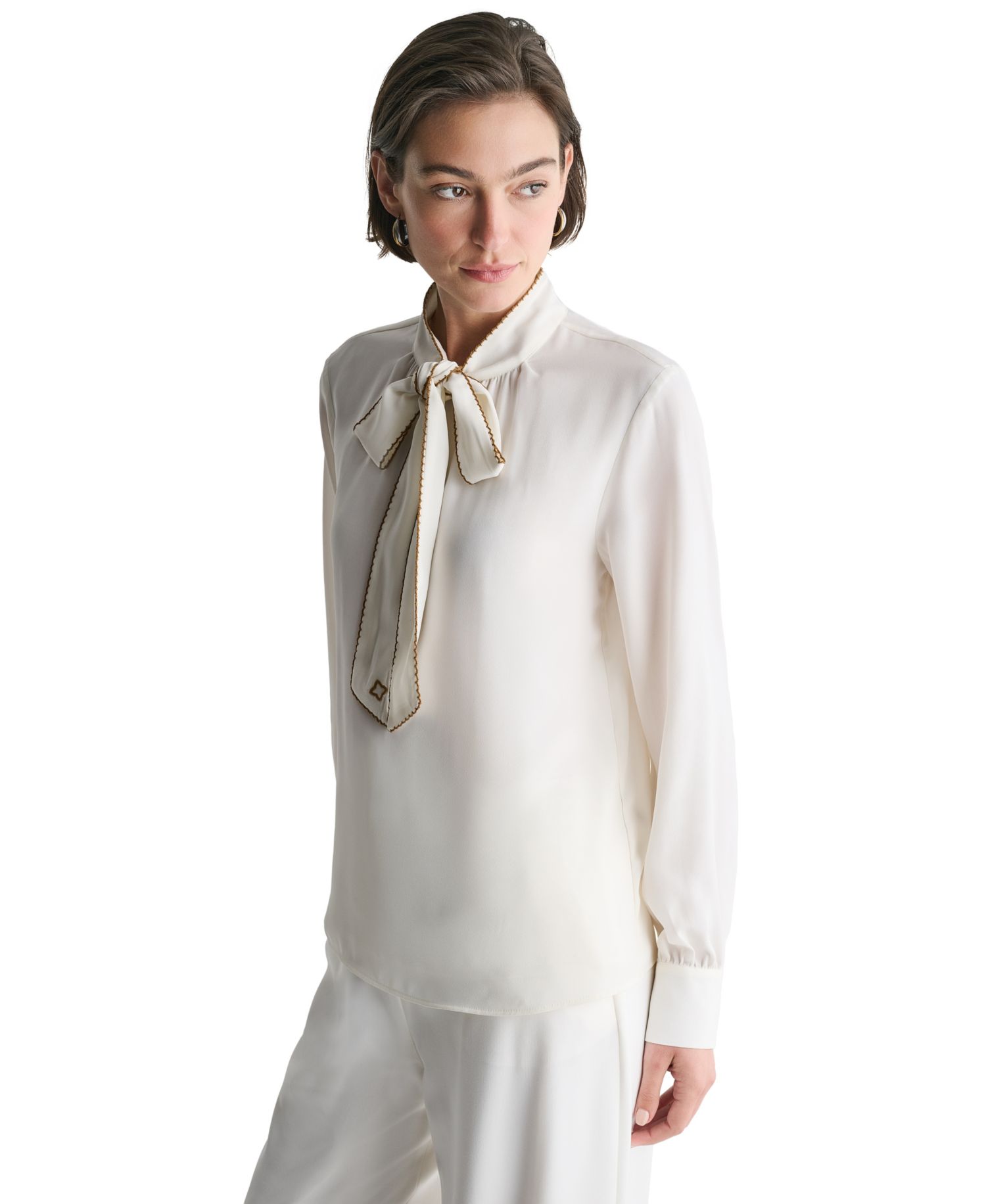 Women's Tie-Neck Embroidered Back-Keyhole Blouse