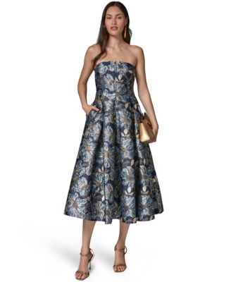 Petite Floral-Print Metallic Fit & Flare Dress