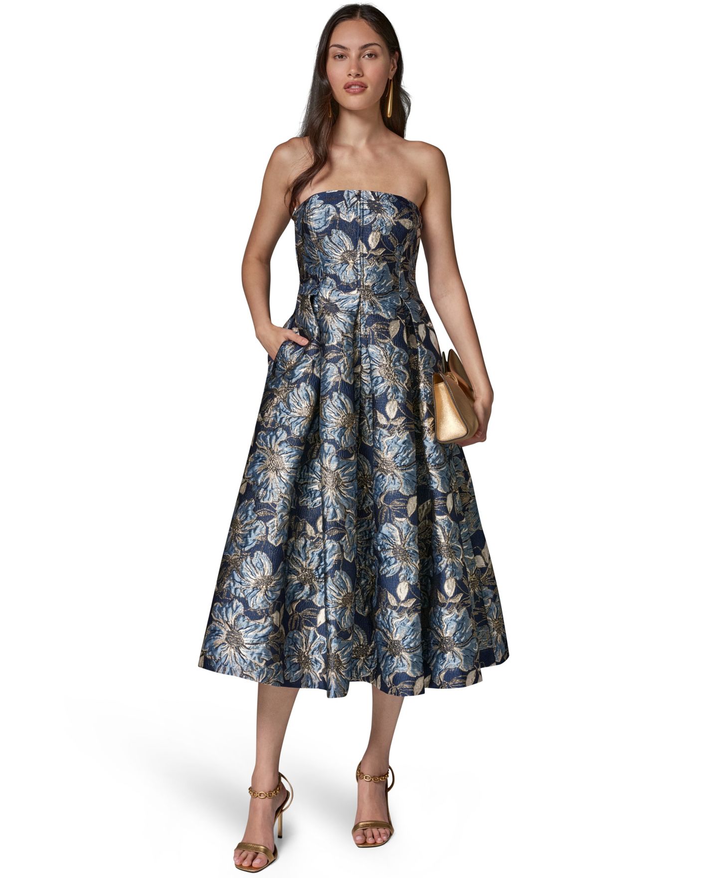 Женское платье Donna Karan New York Petite Floral-Print Metallic Fit & Flare, цвет: Разноцветный — фото 1