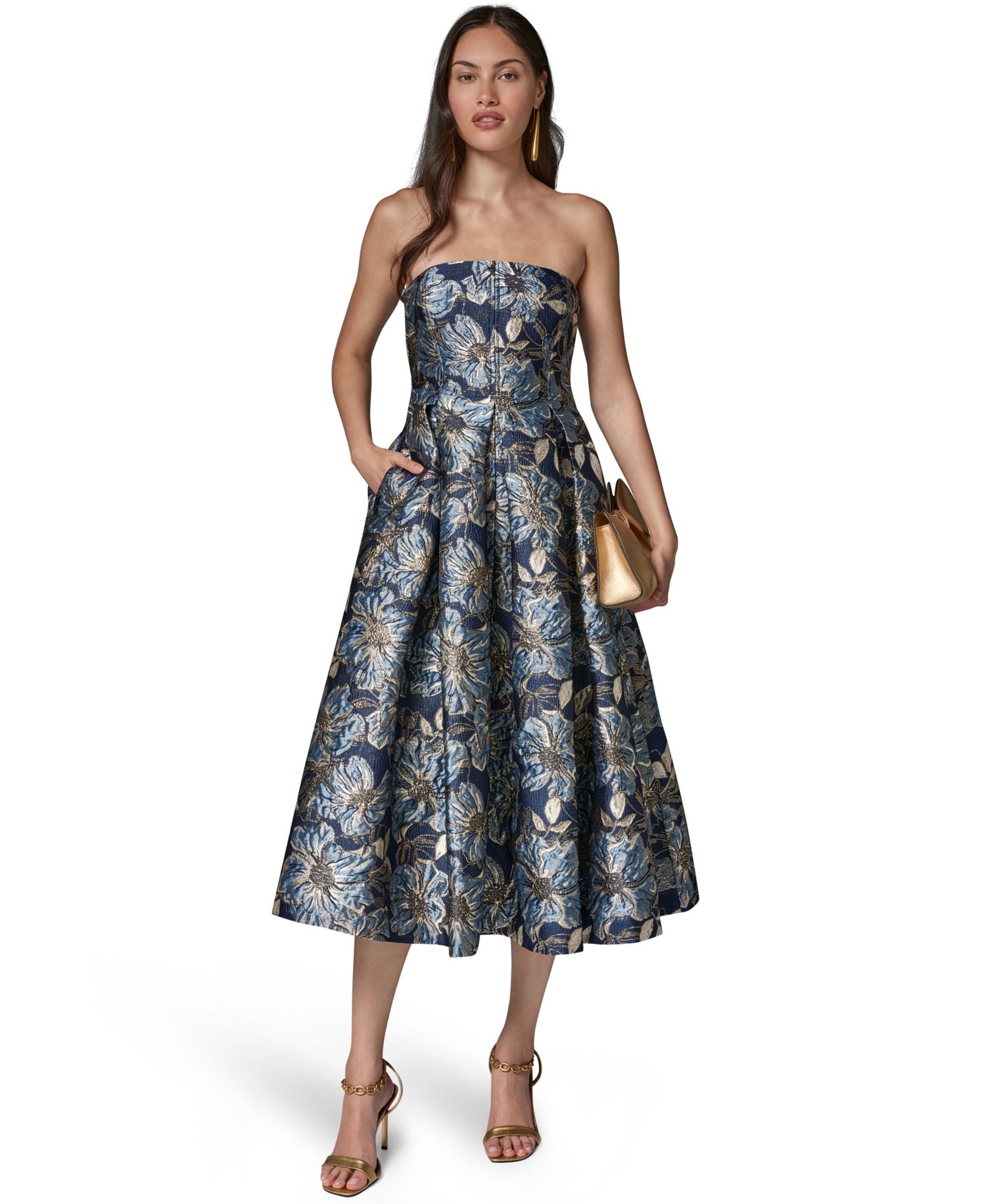 Petite Floral-Print Metallic Fit & Flare Dress