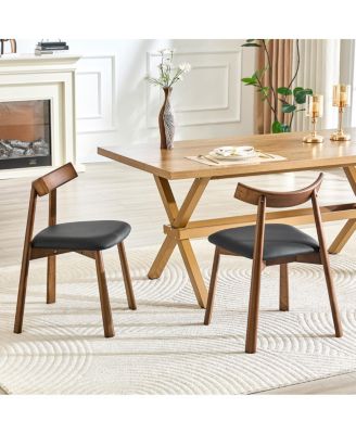 2 Walnut Solid Wood Dining Chairs with PU Cushions and Curved Backrests