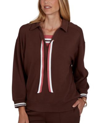 Petite Drawstring Stripe-Trim 3/4-Sleeve Pullover Top