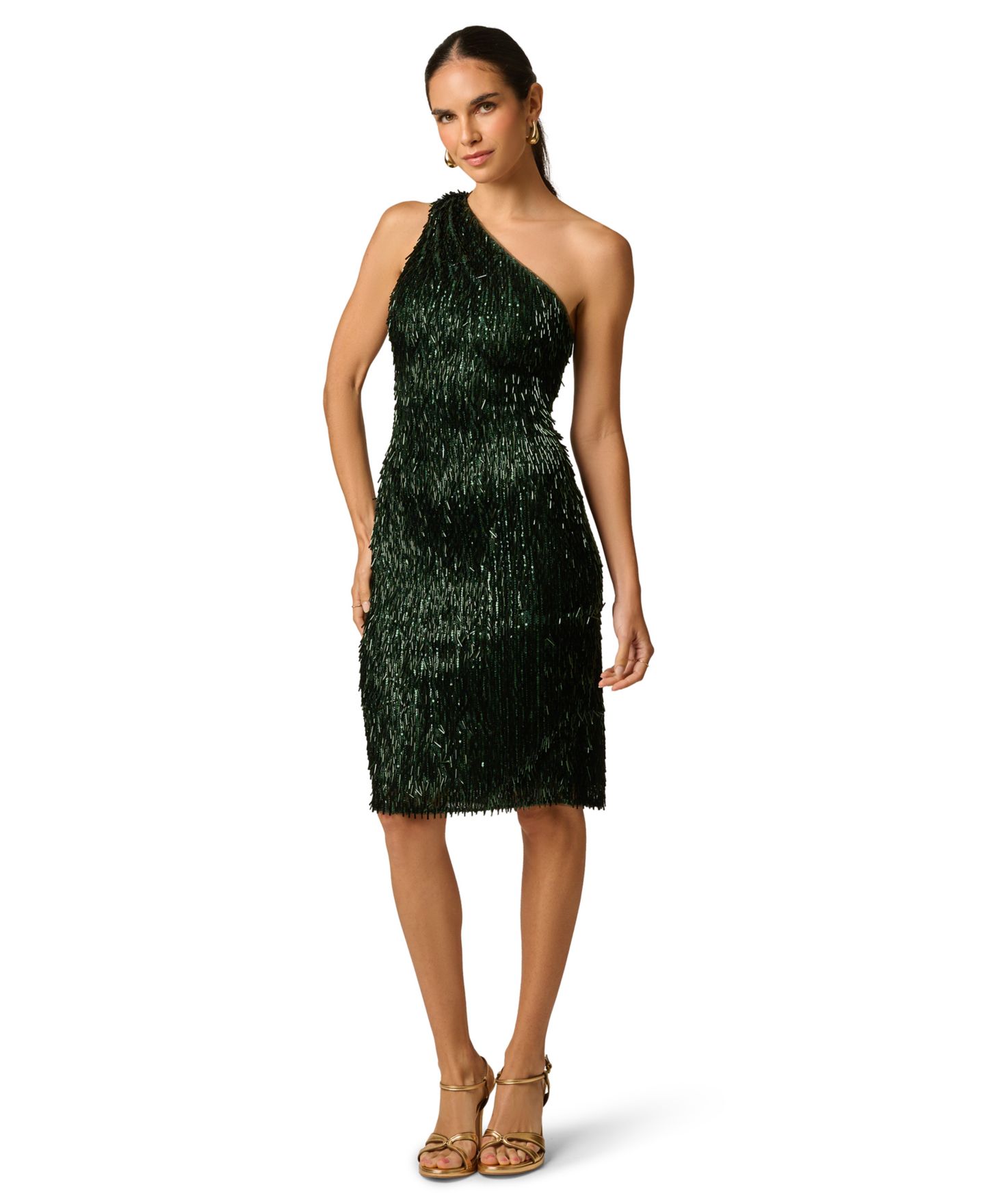 Женское платье Adrianna One-Shoulder Sequin Fringe, цвет: Оливковый кипарисовый — фото 3