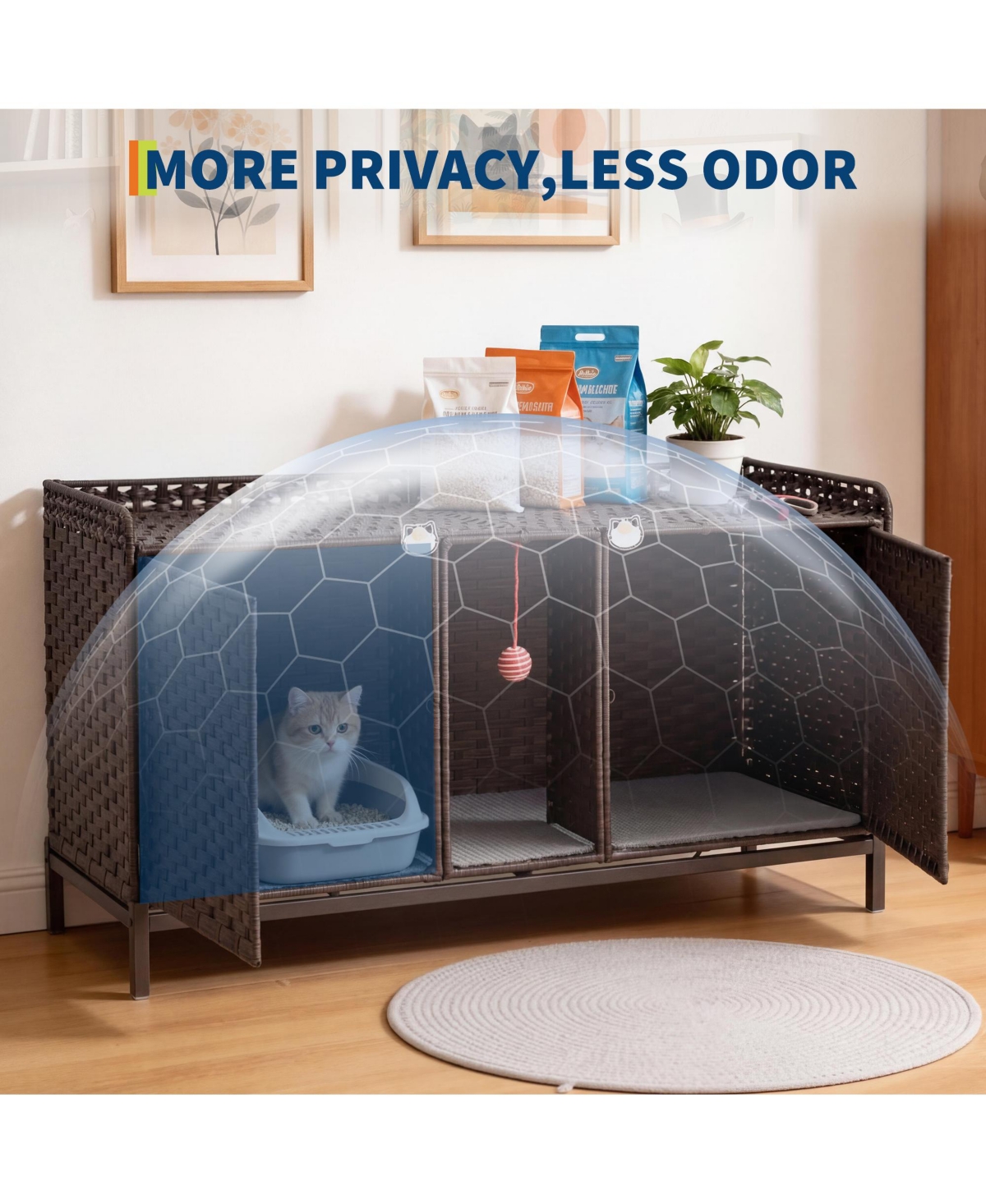 homfan Rattan Cat Litter Box Enclosure – Handwoven Hidden Washroom Cabinet with Door, Mat and S-Hooks, Spacious Dual-Room Furniture