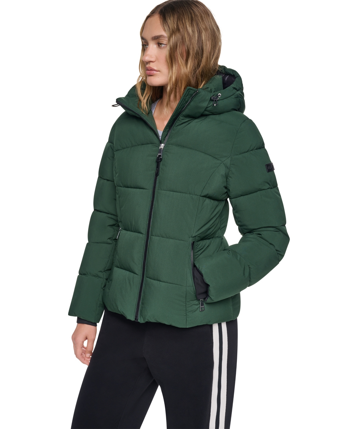 DKNY Women's Stretch Hooded Puffer Jacket in Hunter Size Small