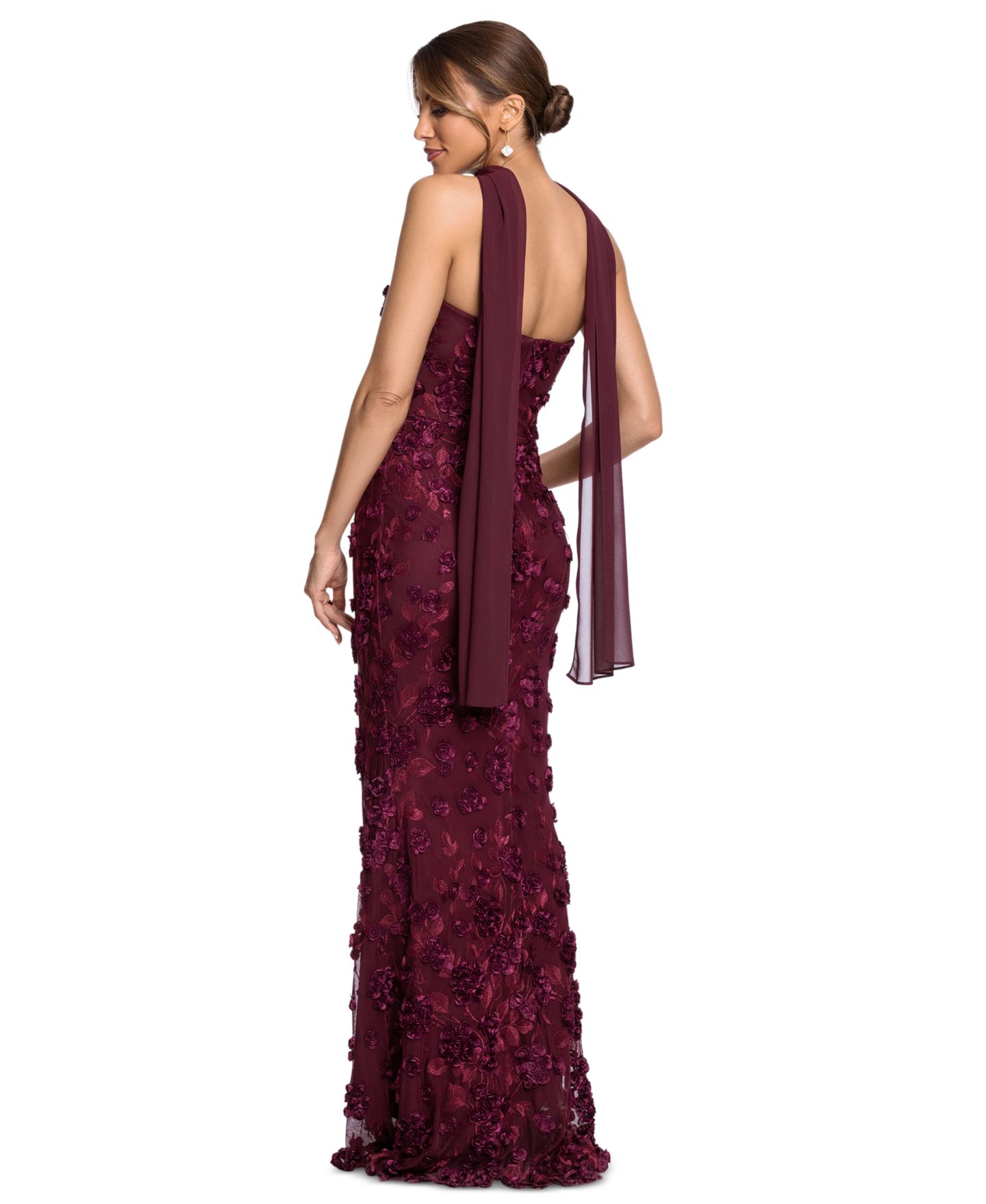 Женские платья XSCAPE Strapless Floral Power-Mesh Gown, цвет: Винный — фото 4