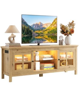 55" TV Stand with Charging Station and LED Lights, Glass Display Cabinet with Shelves