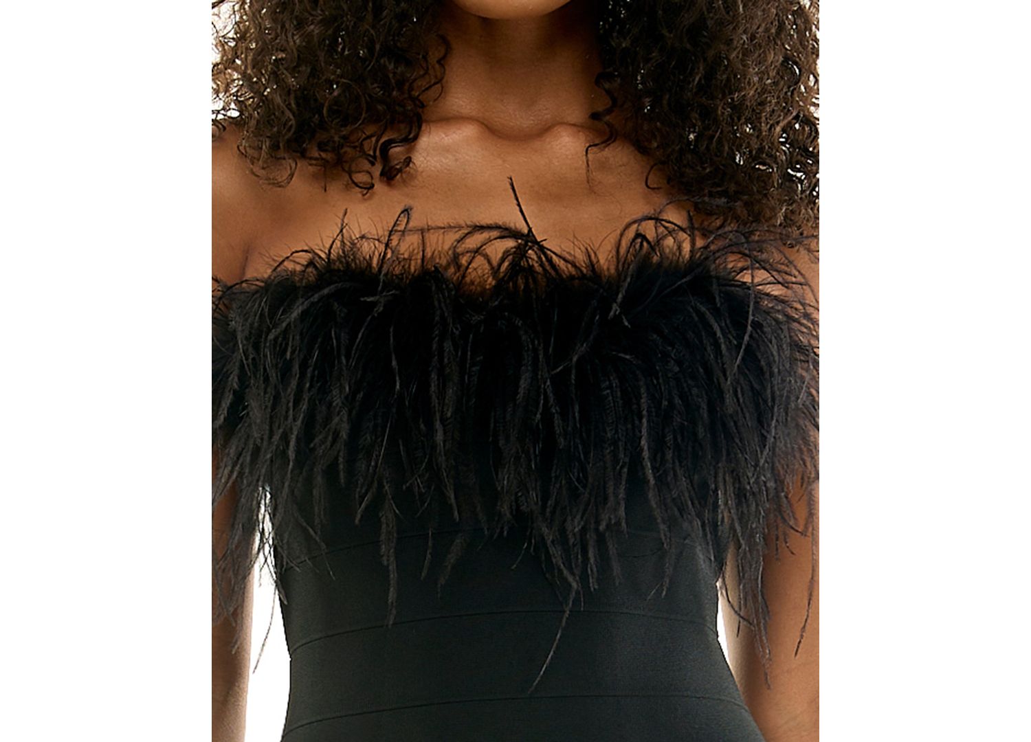 Juniors' Faux Feather-Trim Bandage Strapless Midi Dress