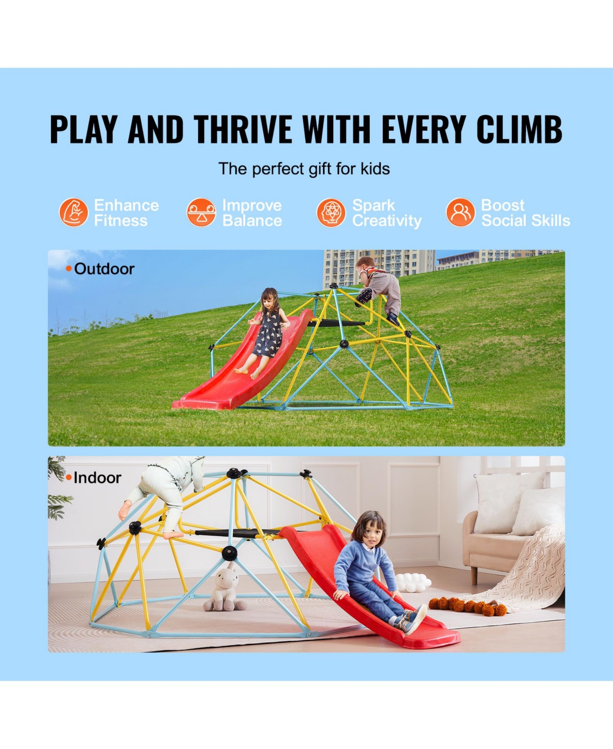 Vevor Climbing Dome 8FT Geometric Dome Climber with Slide Jungle Gym 3-9 Years