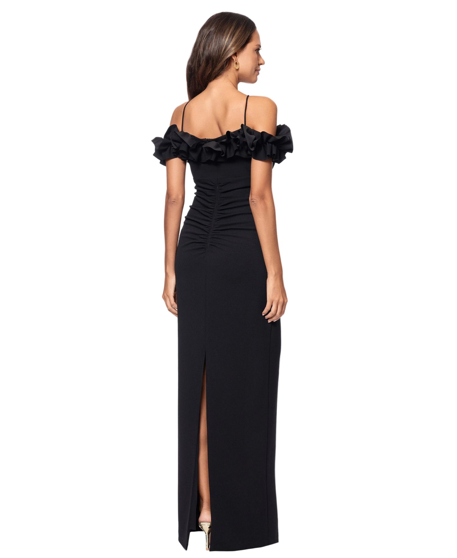 Petite Halter-Strap Ruffled Gown