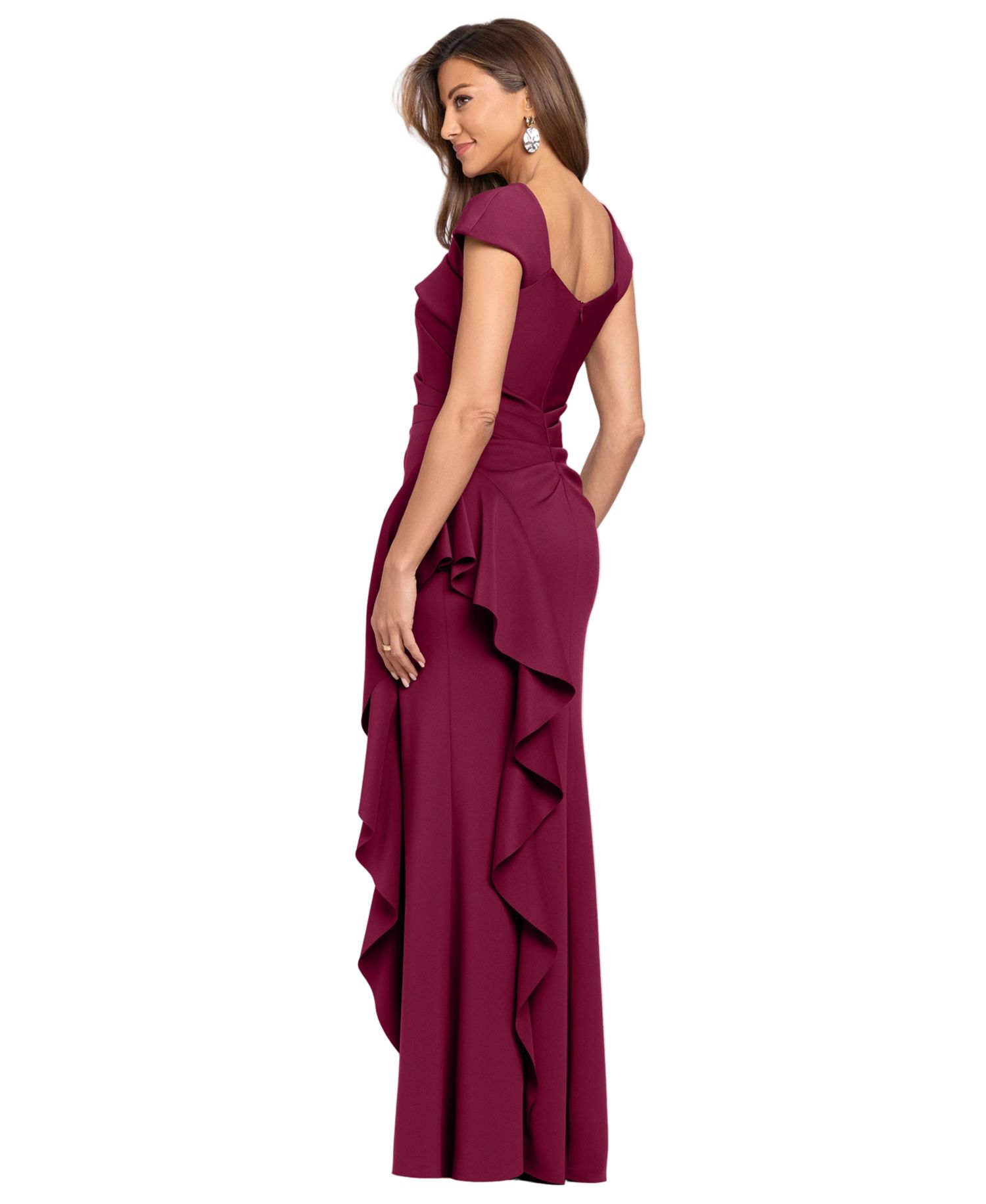 Petite Asymmetric Neck Side Ruffle Gown