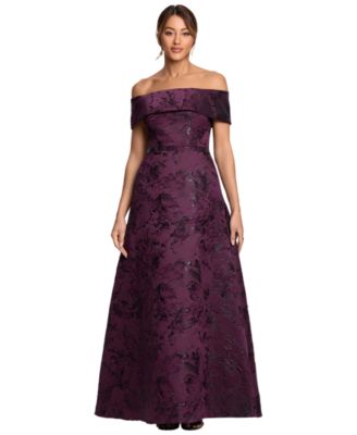 Petite Off-The-Shoulder Brocade Print Ball Gown