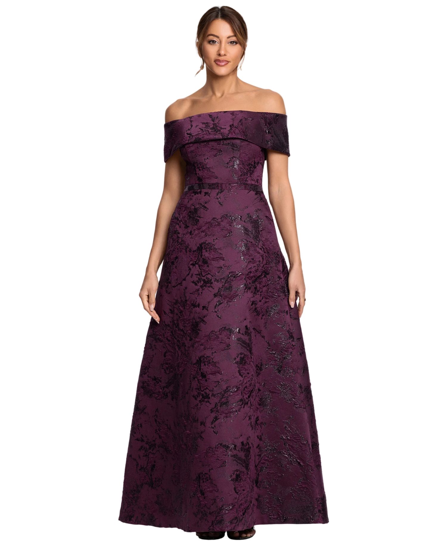 Petite Off-The-Shoulder Brocade Print Ball Gown