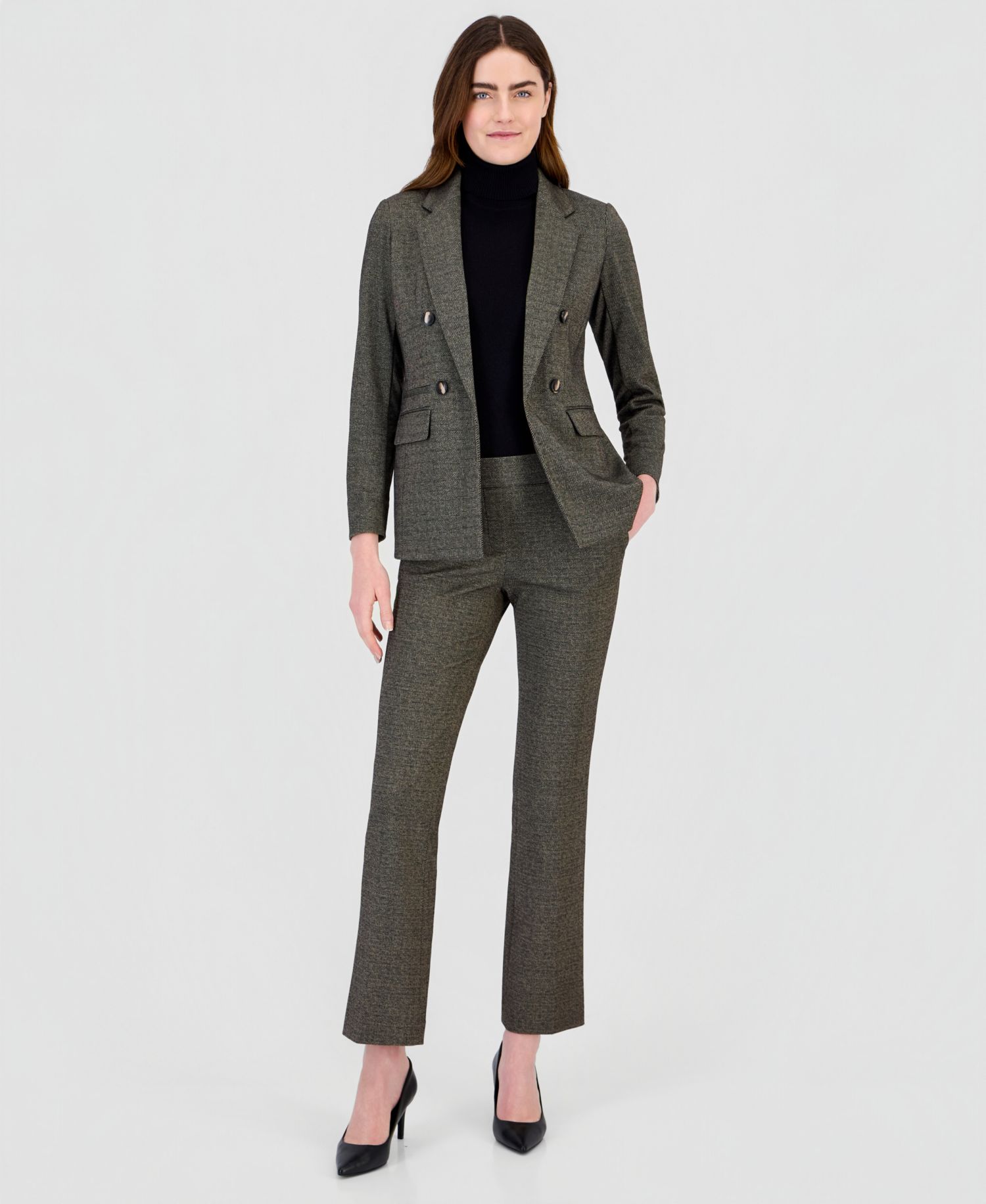 Faux Double-Breasted Blazer, Half-Sleeve Top & Pull-On Pants