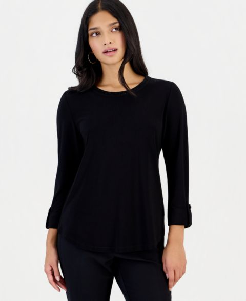 Женский топ Anne Klein Essentials Petite 3/4 Sleeve Scoop Neck Heatset Stone, цвет: Чёрный