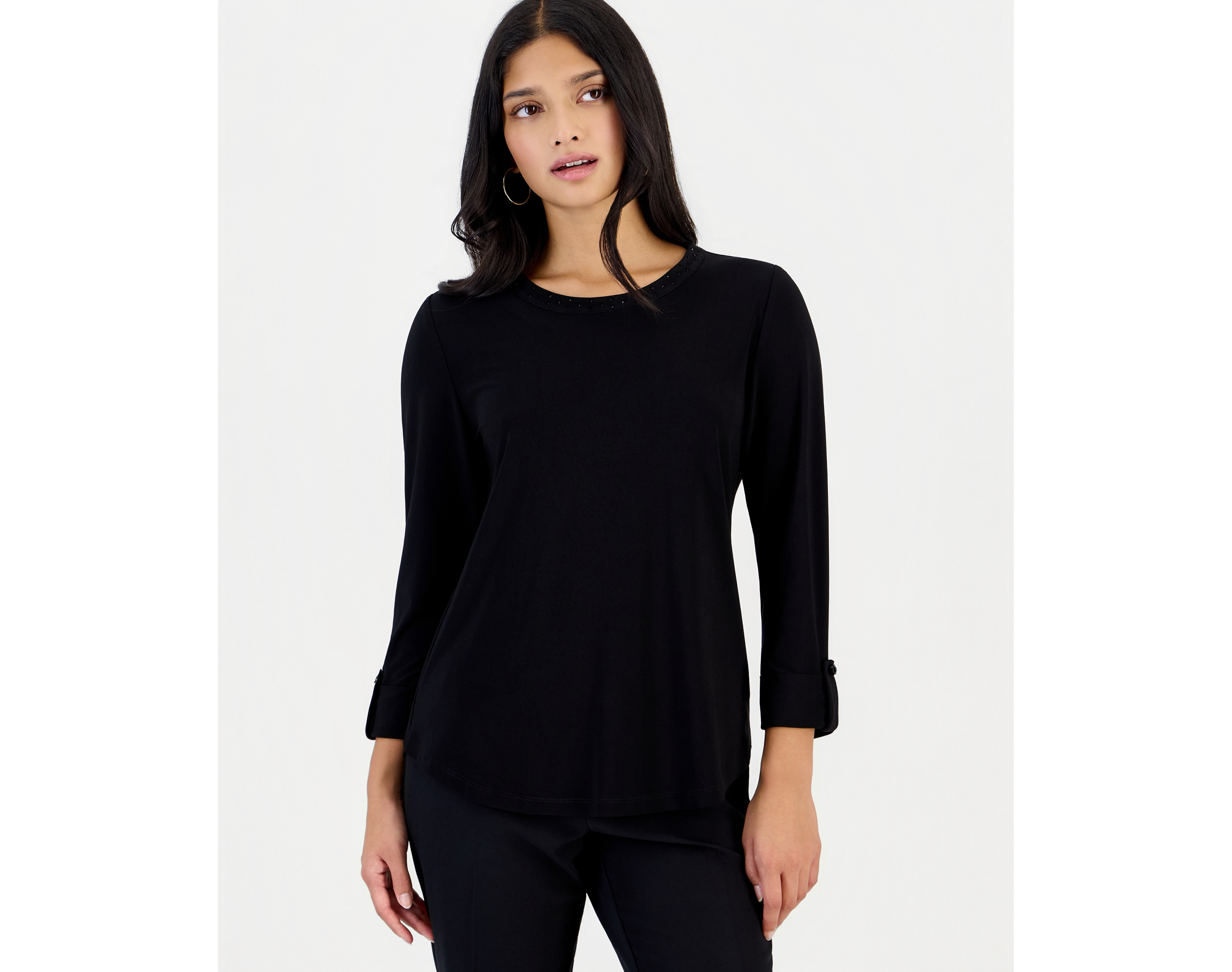 Anne Klein Essentials Petite 3/4 Sleeve Scoop Neck Heatset Stone Top