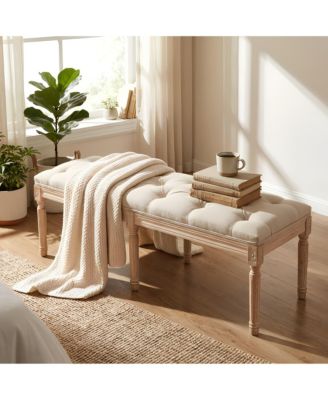 French Country Tufted Bedroom Bench, 47.2" Cream Linen Upholstered End of Bed Bench, Solid Wood Carved Legs, Entryway Shoe Bench Seat