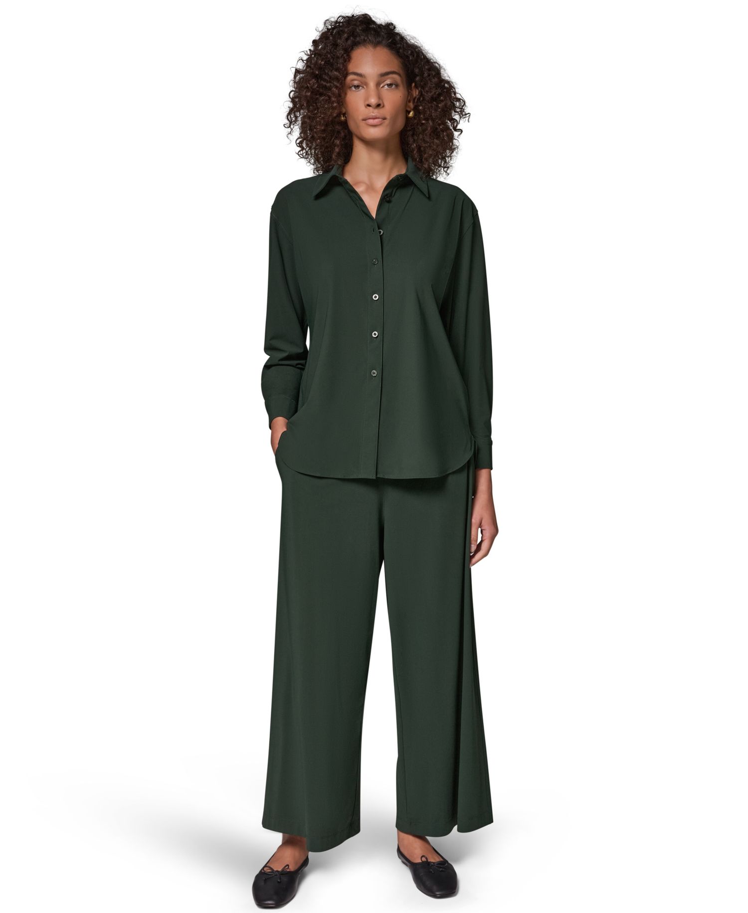 Women's Long-Sleeve Button-Front 4-Way Stretch-Knit Top