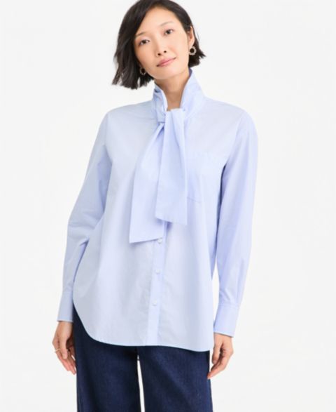 Женская рубашка On 34th Woven Poplin Tie-Neck Oversized Button Down, цвет: Полосатый синий