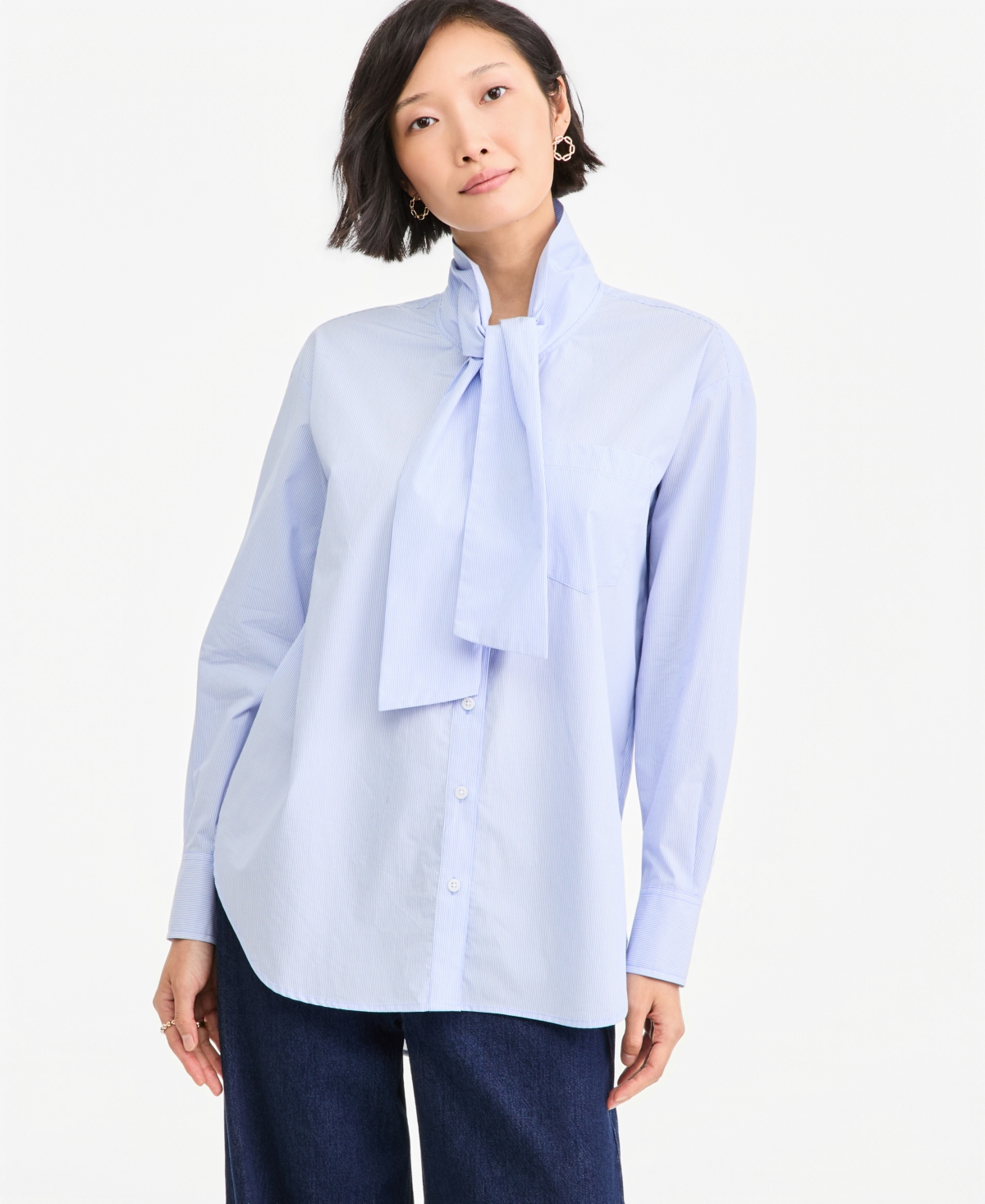 On 34th Women's Woven Poplin Tie-Neck Oversized Button Down Shirt, Macy's Exclusive