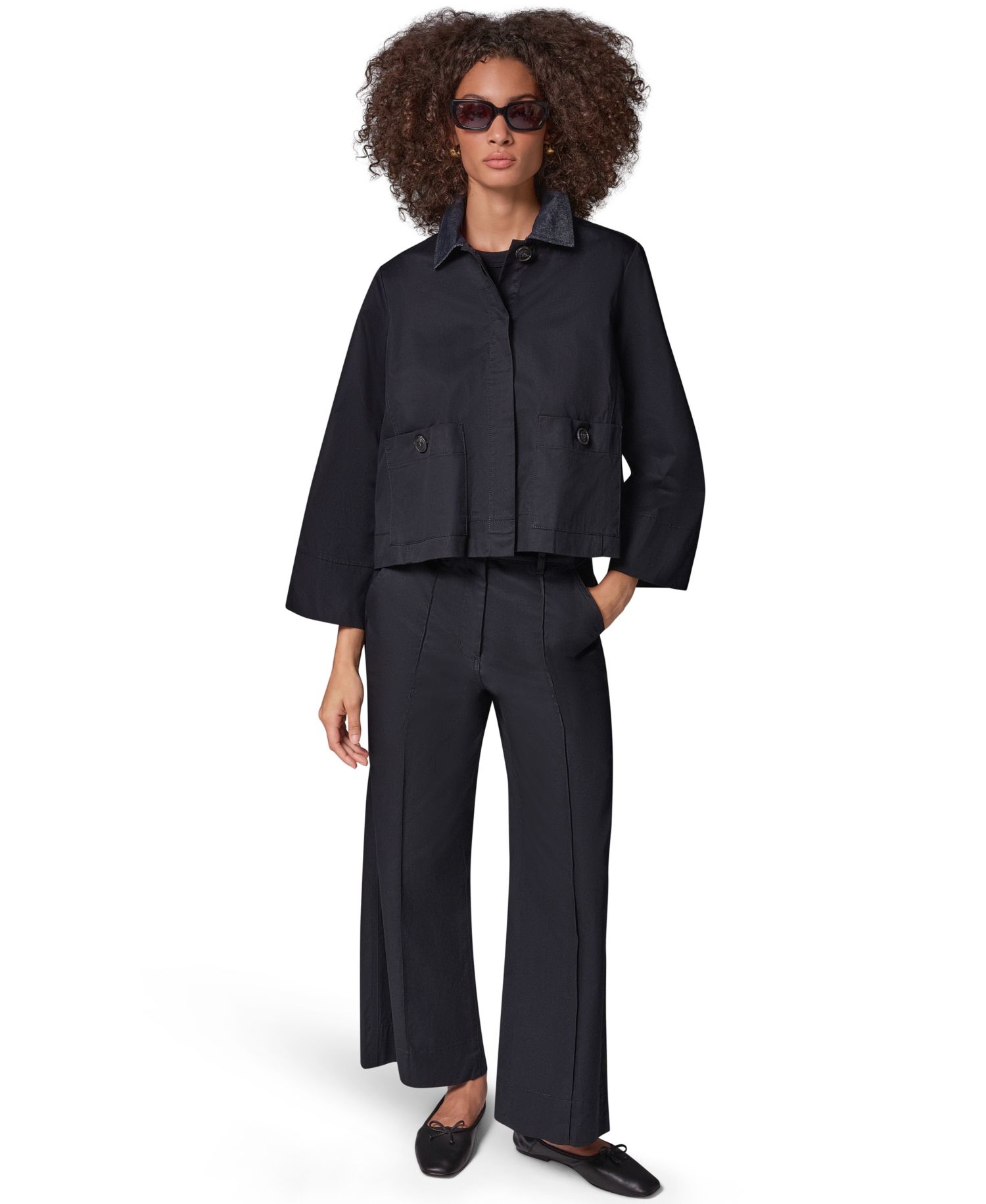 Women's Bell-Sleeve Trapeze Jacket with Denim Collar